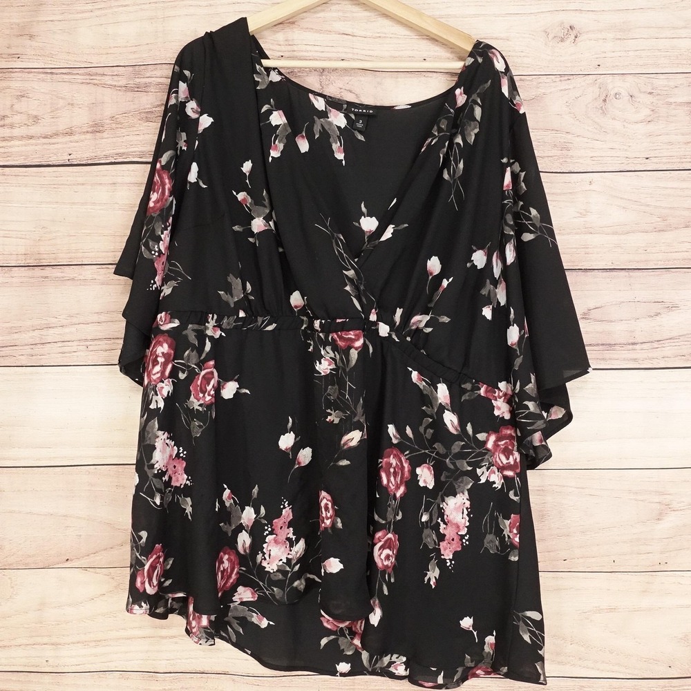 Torrid Blouse Womens Plus 3 Black Floral V-Neck Kimono Sleeve Chiffon Tunic